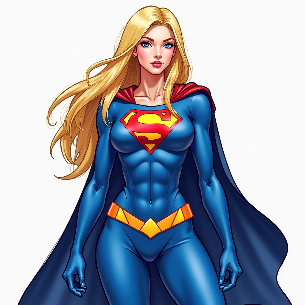 a drawing of a woman in a superman costume with a cape, supergirl, power girl, 90s comic book character design, super-hero girl, by Alan Davis, comic book character, female superhero proportions, anime visual of supergirl, super model, textless, 1 9 9 0 s comic book style, j. scott campbell, by Ryan Stegman