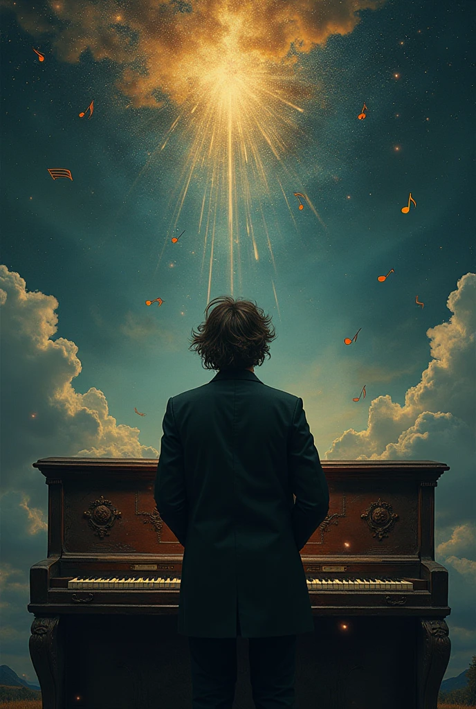 Album cover for a song called Rhapsody of a Genius — a dramatic background with starry skies, musical notes floating in the air, an antique piano half illuminated by heavenly light, the silhouette of a man with disheveled hair looking at the horizon, mix of chaos and genius, dark colors with golden touches, digital oil art style, atmosphere of mystery and grandeur.