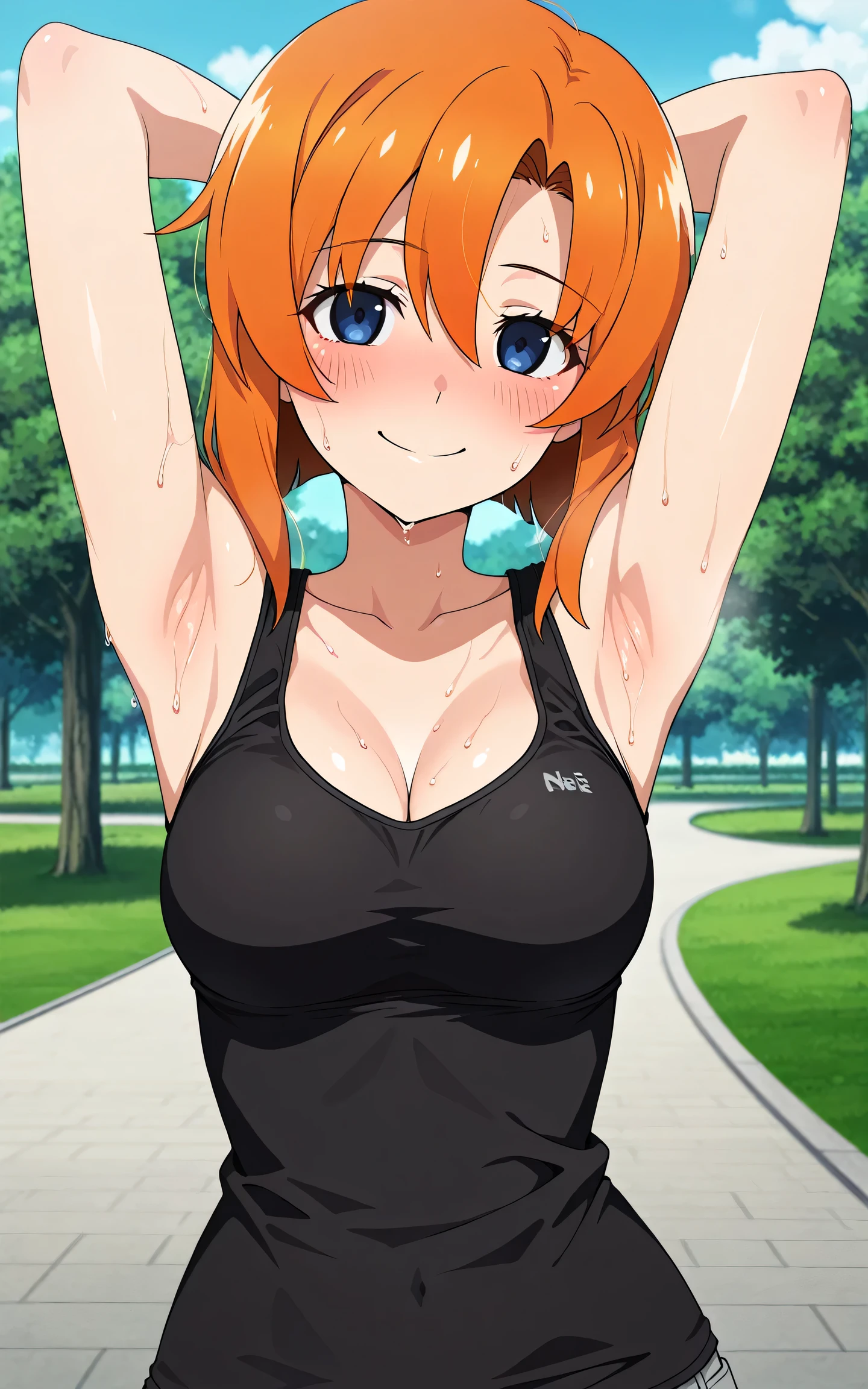 1 Female,High definition,high resolution,Ultra-realistic,8K, kouzukianna, annadef, sleeveless, pink skirt,tight skirt , miniskirt ,pleated skirt,pink shirt,European,sexy,Upper body close-up,Photographed from the front,Dynamic Angles,blush, medium tits, happy, wink the eye,facial, sweat,multicolored hair , arms up,arms together