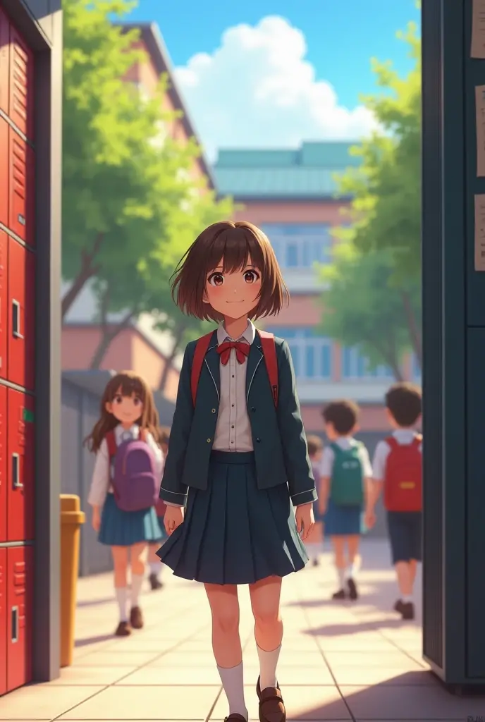 A  girl in school wears a school uniform with a bag on her shoulders