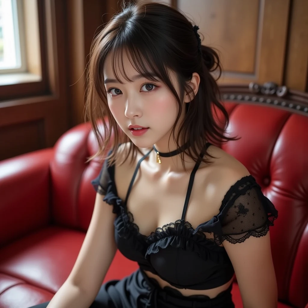 dark brown hair、light brown eyes、Japanese actress face、 lady、I&#39;Iは彼とIが好きです&#39;I&#39;Iは40歳くらいです.、(intricate details:1.2)、(which one is the top?:1.4)、 (ultra high resolution:1.2)、ultra high resolution、(finely tuned)、(detailed facial features)、nffsw、8K resolution、D cup size breasts、long hair、up hairstyle, up hair、bun hair、1 girl, A look of deep sadness, (Highly detailed beautiful face), (Black cut and sew camisole:1.5),black　close-fitting shorts、 (bare shoulders:1.3), (highest quality:1.4), (Super detailed)、beautiful fair skin,  Angle from above、 spread your legs wide, open your mouth a little、Visible legs、Pose of Weakness、obscene pose、Street fashion、heel sandals、