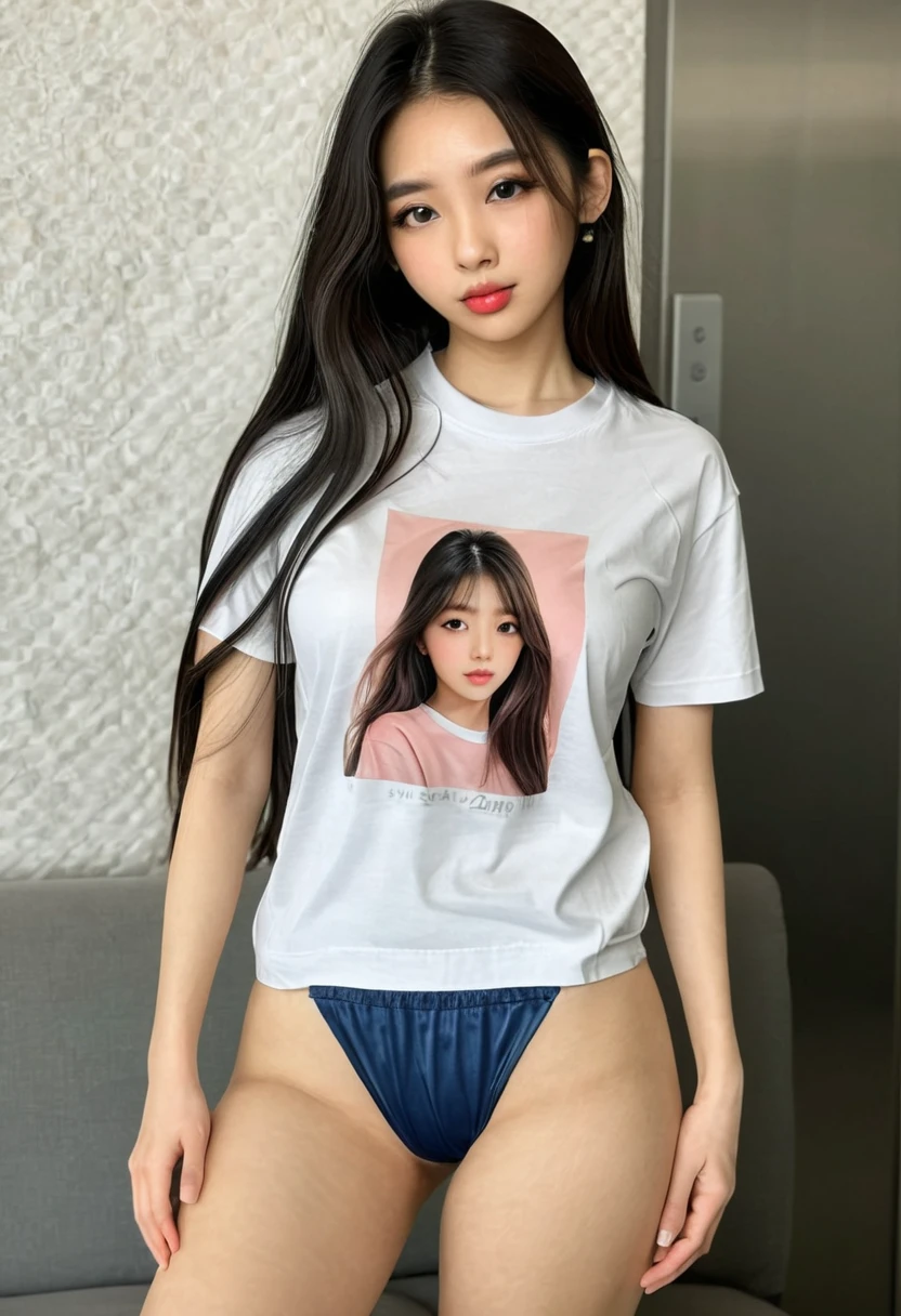 Surreal 8K CG,perfect faces,Impeccable perfection,ren,tmasterpiece,professional artwork,famous artwork,Innocent 、((Wear a long T-shirt)、Wear thickly, Small cotton panties、Sitting in the room、A Smile、Raw foto, (8K、Top Quality、masterpiece:1.2)、(delicate detail:1.4)、(Photorealcitic:1.4)、octan render、Complex 3D rendering, Ultra-detail, Studio Soft Light (Studio Soft Light) (Studio Soft Light (Studio Soft Light)) , Rim Light, vibrant details, Super detailing, Realistic Skin Textures, Detail Face, Beautiful detail eyes, Highly detailed CG Unity 16k wallpapers, Makeup-, (detailed background:1.2), shinny skin、turned around、exposed thighs!!!,Sorrisos, Wave hair, Spread your legs