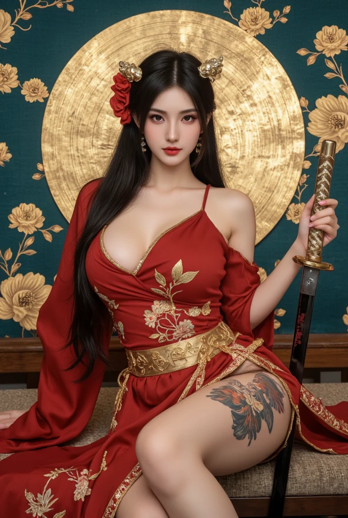 8K,Himiko,Dark-haired Asian empress taking a photo wearing a sexy red and black courtesan costume, Japanese god, beautiful fantasy empress, Super beautiful(lifelike face),red rouge,Gorgeous courtesan style costume,fancy makeup,long black hair,redeyes,Exact 5 finger details,Tattoo on the left chest,hair ornaments,laugh loudly,surreal,skin that looks real,bold personality,very big breasts,Red tattoo on left cheek,kimono,kimono,Ruan Jia and Artgerm, highly detailed art germ, 8K high quality detailed art,Inside the labyrinth dungeon,beautiful expression ultra high resolution, trending on cgstation, wallop and art germ,muscular slim body,big muscular chest,Muscle Slender Lower Body,charm,battle scene,battle pose,action scene,action pose,fantasy art,character art,fight with fans,rich colors, Backlight, cinematic lighting, film grain, to be born, 50mm lens, Nikon D850,ultra high resolution,surreal,compensate,Photorealistic RAW photos of the highest quality。Bright colors,perfect woman image,sexy courtesan costume,perspective from above,Close-up,胸のClose-up,
