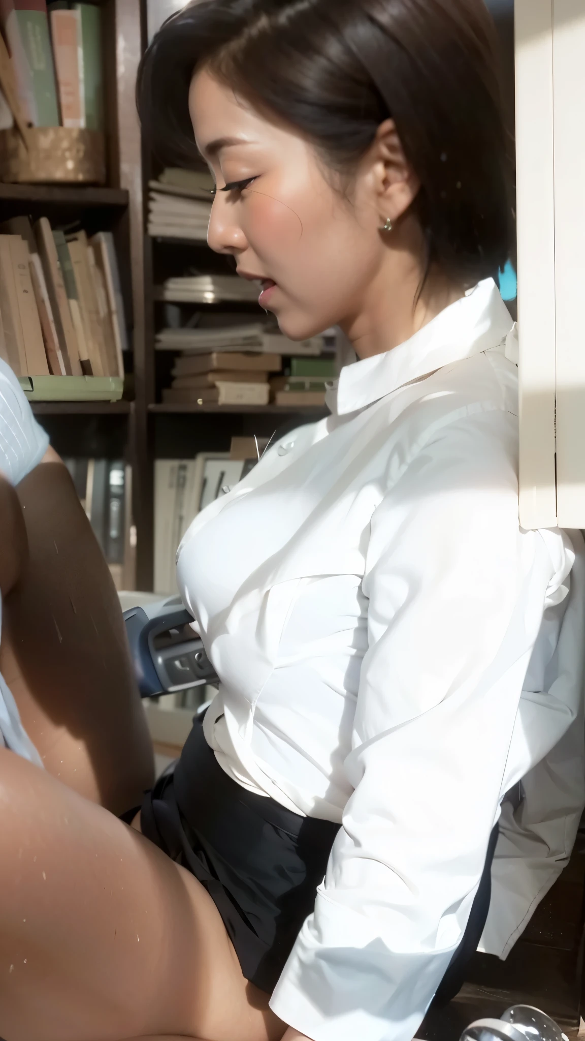 Woman in a button-down shirt grows a penis and they masturbate