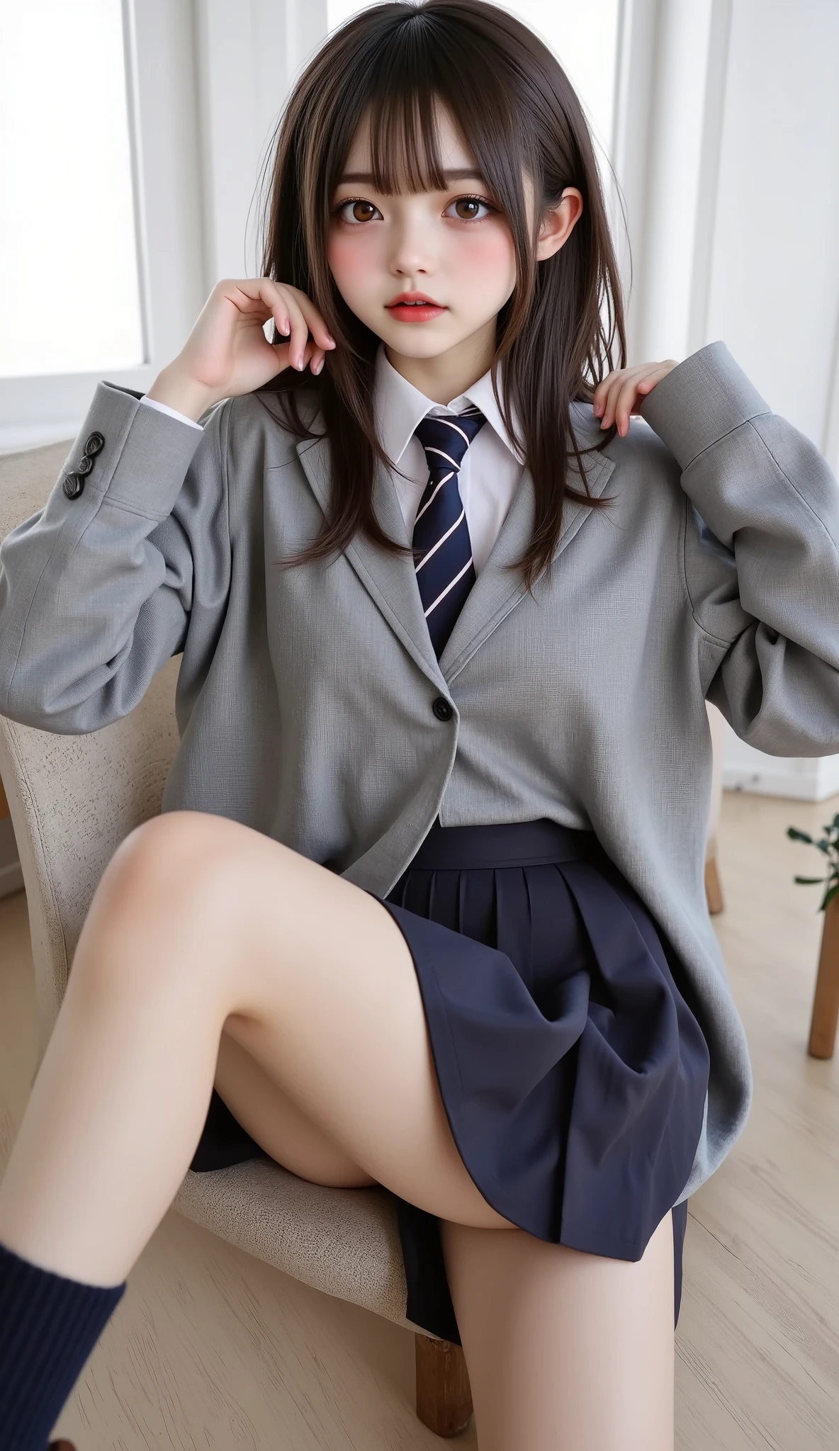 super model、hi-school girl、japanese beauty girl、校服、spats、kick、Towards the viewer