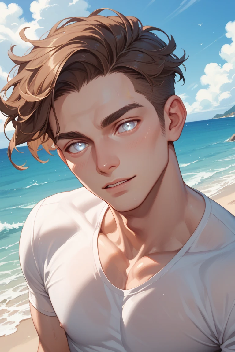 He's tall, with windblown black hair and dark brows. The line of his jaw is strong and covered by warm tawny skin and dark stubble, and when he folds his arms across his torso, the muscles in his chest and arms ripple, moving in a way that makes me swallow. And his eyes… His eyes are the shade of gold-flecked onyx