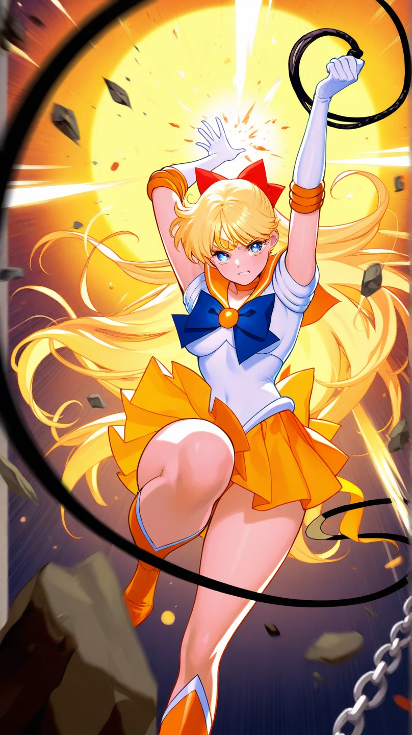 obra maestra, mejor calidad, high resolusion, venus1, 1 girl in, solo, uniforme de sailor senshi, sailor venus, aino minako, cabello rubio, Magical Girl, ojos azules, falda naranja, guantes hasta el codo, tiara, falda plisada, lazo para el cabello, collar de marinero naranja, minifalda, gargantilla, lazo rojo, gargantilla naranja, guantes blancos, cabello muy largo, joyas, aretes, acostada de lado en una cama, mostrando su culo, ass with a small white thong, muy sexy, lindo culo.