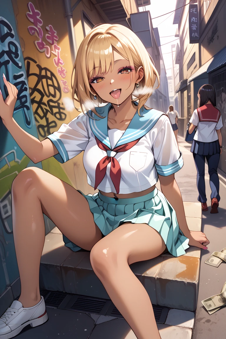 Dark skinned blonde high school girl with huge futanari erection and no panties urinates on the stairs、Smiling and ejaculating in ecstasy while defecating in large quantities
