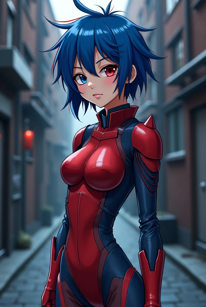 >shy pale woman with her left eye blue and her right eye red, short length, spiky texture, and layered appearance blue hair with red tips, and a slender build. She wears a primarily red and blue tight to skin nordic armor. standing confidently a dark alley, digital illustration, anime style, inspired by Cowboy Bebop and Katsuhiro Otomo, wide angle shot, 35mm lens, detailed, highly detailed, ambient light, vivid colors, (intricate details:1.2), (cartoonish:1.1), (HDR:1.25), 4K resolution.