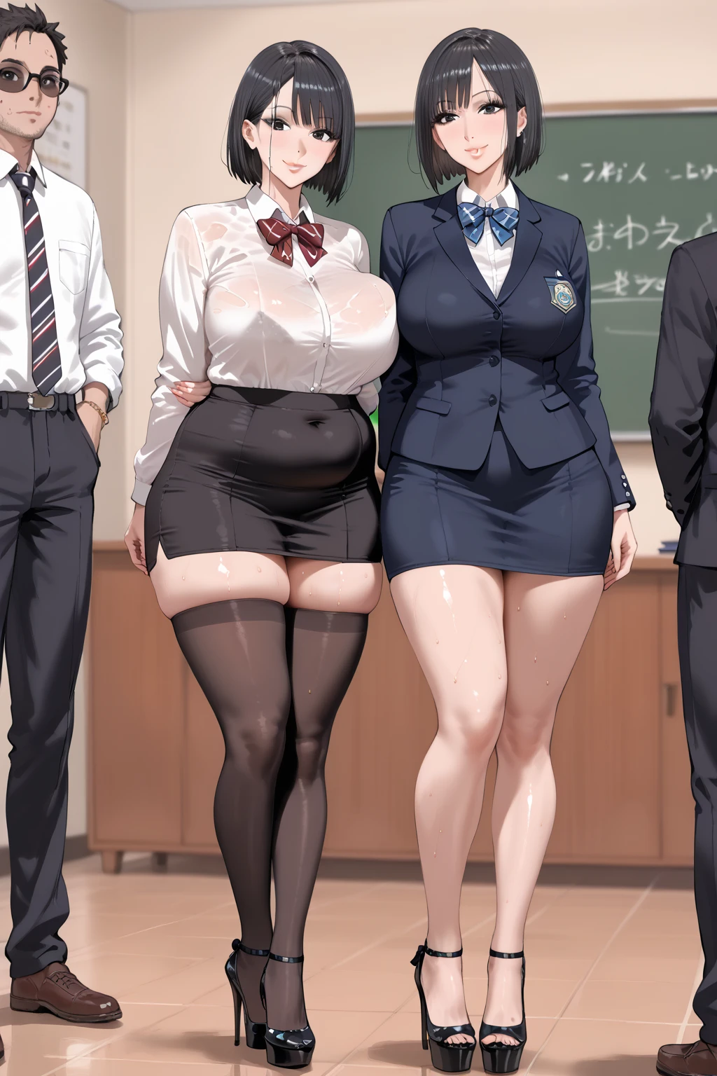 (((kipiti art))), tmasterpiece, high qulity, Best quality at best, The beautiful, k hd, perfect litthing, 详细的脸, Detailed body, hyper cute face, ((1个Giant Breast Girl)), ((Alone)), monica, green-eyed, Very long hair, pony tails, white bows, 校服, blazer jacket, brown sweater, collared shir, Neck strap, blue skirts, (short skirt), (((tight fit clothes))), School Classroom, looking at viewert, cow boy shot, seduct smile, Be red in the face, Made, Fall in love with the audience, The fourth wall is broken, Cute pose, Chopping, (Huge breasts 3.0), ((Wide hips)), (((Thigh thick))), (thicc), ((chubbiness)),