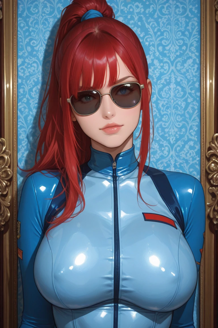 The best wallpaper for mobile, award winning wallpaper, PORTRAIT PHOTOGRAPHY, In the front view it is a portrait of a woman with very tight clothes, big breasts, ponytail-style red hair, bem sexy,  dos anos 60, side photo, taken with Canon EOS R5, define a strong contrast that accentuates the subject,  fluorescent blue tone, wearing very modern sunglasses in the style of the 60s, low-cut single-color clothes, beautiful background