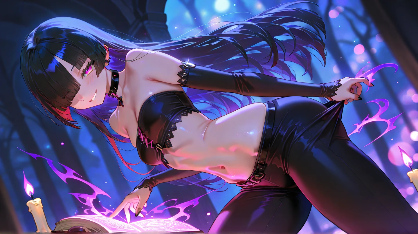 score_9, score_8_up, score_7_up, score_6_up, uncensored, gamma, long hair, purple eyes, black hair, very long hair, pointy ears, mole, mole under mouth, naughty face, shiny skin, sweating, steaming body, heavy breathing, BREAK (masterpiece:1.2), best quality, high resolution, unity 8k wallpaper, (illustration:0.8), (detailed eyes:1.3), perfect lighting, extremely detailed CG, (perfect hands, perfect anatomy),1girl, breasts, elbow_gloves, gloves, ass, looking_at_viewer, solo, thighhighs, long_hair, tentacles