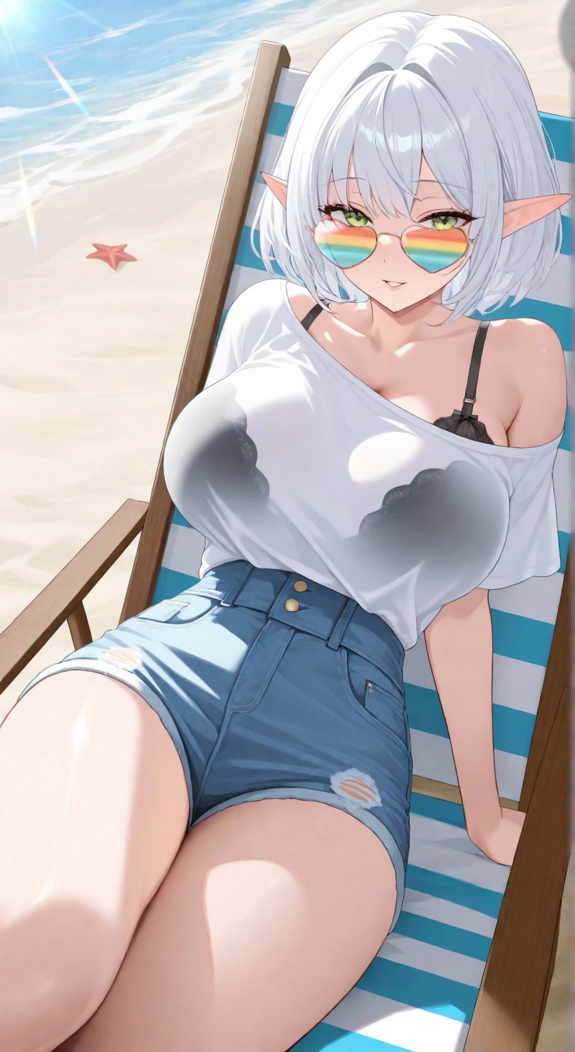 White hair, white eyes, kizi, female, summer clothes, smiling,18, one girl, glasses