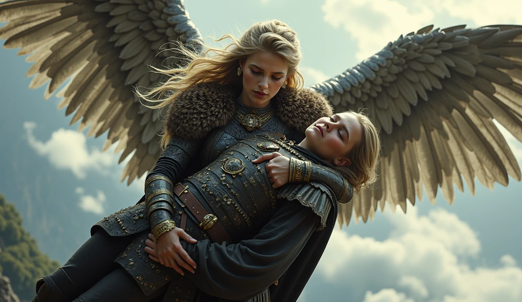 Setting set in medieval times.
Beautiful white-skinned woman with freckles with huge gray wings, with a small violet diamond embedded in his forehead of brown hair, with an angry face, in armor holding a great sword that radiates a violet light