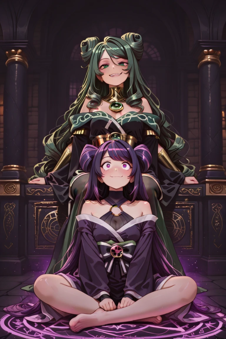 2 dark skinned girls, very detailed purple irises, wearing summoning robes, summoning circles, long hair, curled hair, covered in cum, holding ancient goblet full of cum, smiling, wrapped in tentacles, tentacles ripping off robes