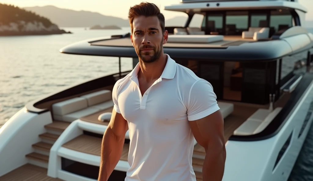 A sexy man wearing an underwear, in a yacht, beautiful scenery,, nsfw, homoerotic, masterpiece, detailed background, movie like visuals, crisp and clear photo, realistic, colourfull, best quality photo, he is looking at the camera seductively