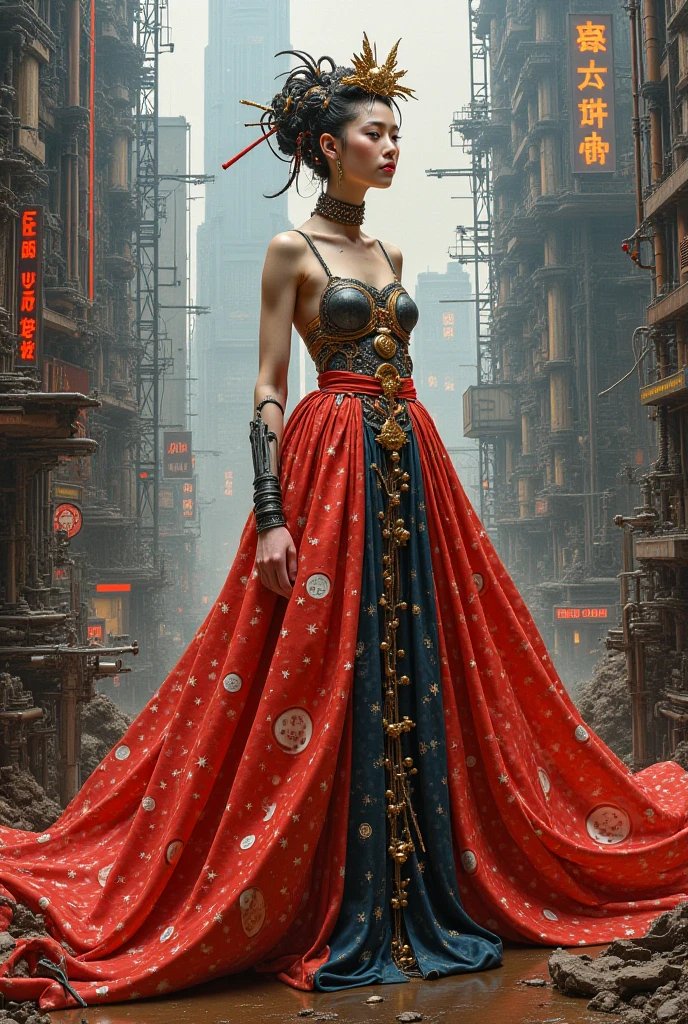 Baroque painting by a half-cyborg Japanese painter, dressed in skirts decorated with moons and stars, In a cyberpunk era