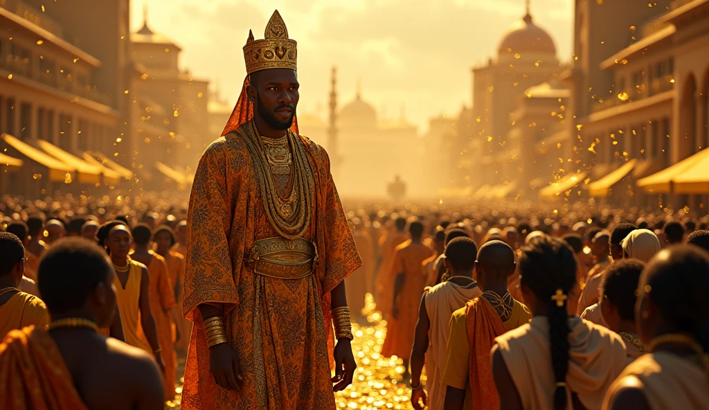 A rich scene of gold being freely distributed to the poor, showcasing Mansa Musa's generosity and the impact of his wealth on the regions he visited