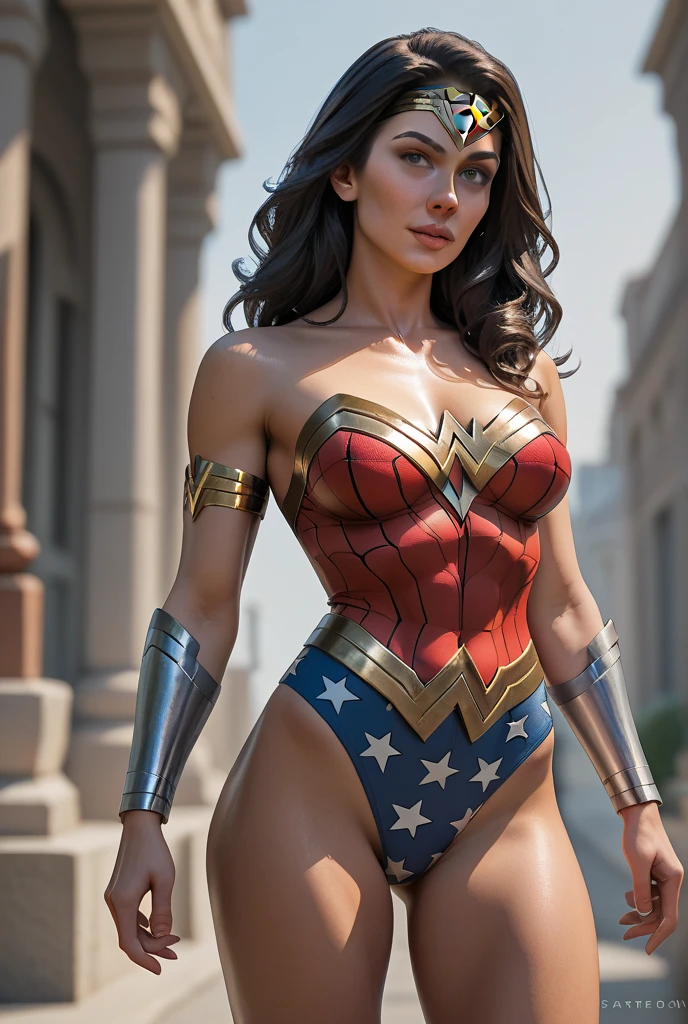 Best quality, masterpiece, ultra high res, (photorealistic:1.4), raw photo, 1girl, (Victoria's Secret Model Wonder Woman), Single, Full Body, (((intricate details, makeup), (delicate and beautiful delicate face, delicate and beautiful delicate eyes, face with perfect proportions), skin with high details, delicate skin, best proportions Four fingers and one thumb, strong and realistic blue eyes, realistic black hair, lips, makeup, natural skin texture, tiara, leotard, bulletproof cuffs, Red boots, (public clothing:1.3), slightly sunburned skin tone, mature, sexy, toned muscles, (muscles: 1.3), ((strong and healthy body)), ((((more muscles))), long legs, curves, thick thighs, wide buttocks, thin legs, thin waist, smooth waist, (delicate skin), (glossy skin), (beautiful and sexy woman), (swollen lips: 0.9), (eyelashes: 1.2), very delicate muscle definition, (camel toes: 1.0), (beautiful sexy woman), dramatic lighting, urban background, determined face, {{depth of field}},