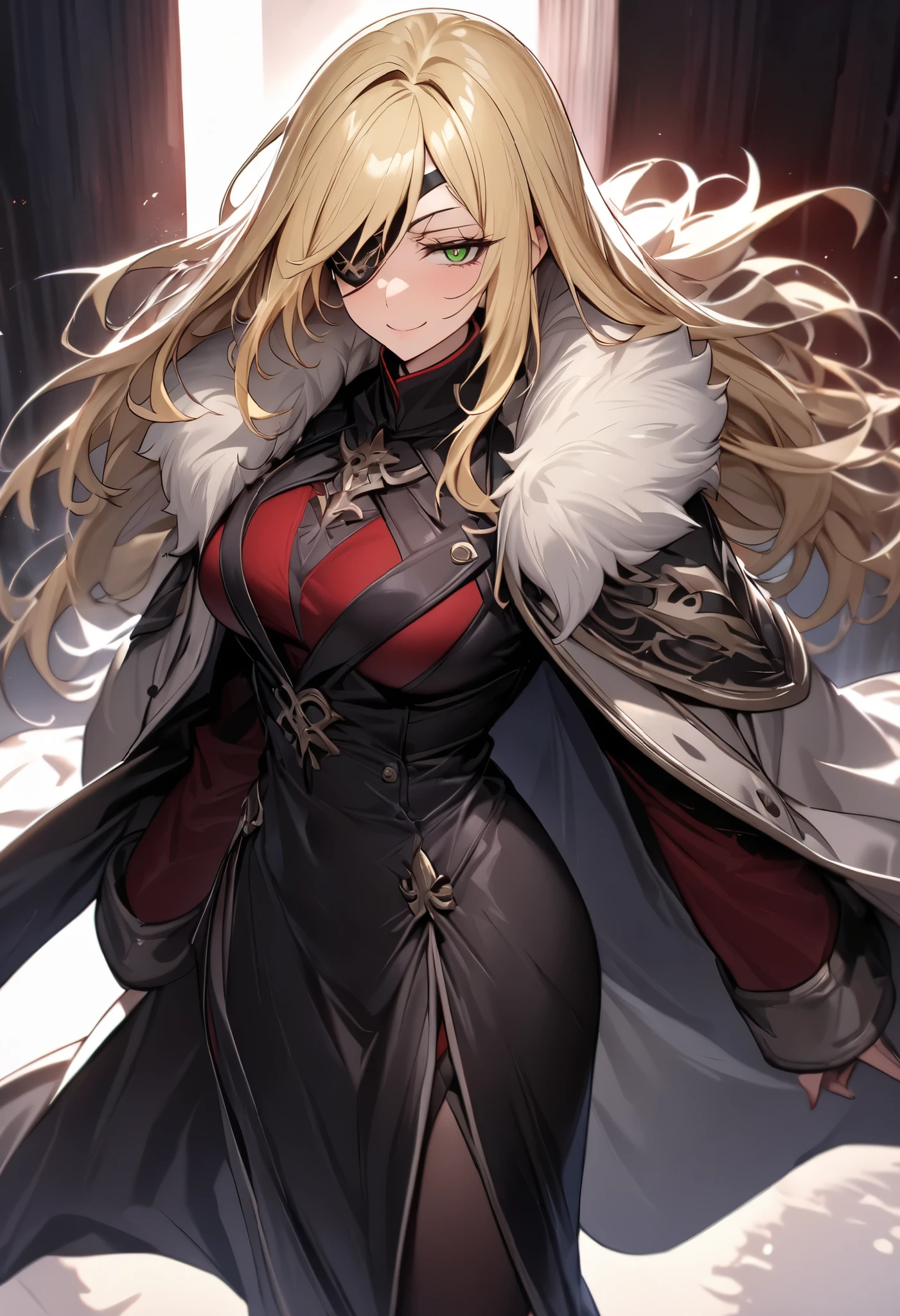 Pretty woman with long light blonde hair, Dark magenta eyes, and lean muscles, small scar on her right cheek, wearing long white cloak that's open with fur on the hood, and black clothes underneath, fantasy assassin like clothing, sunset in the background, fantasy setting, adult woman