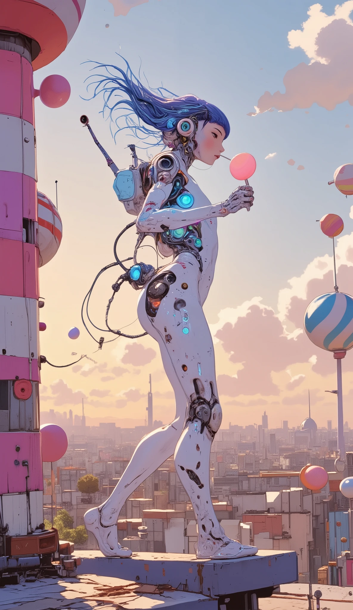 A sweet, weightless young cyborg girl with a translucent polymer body showing glowing biomechanical insides stands arched on the roof of a tall building in a city similar to Tel Aviv, with pink and purple stripes, decorated in soft rounded shapes with large spheres resembling candies or balloons, creating a whimsical atmosphere of ren's games. A cyborg girl holds a lollipop in her mouth. Synthetic muscles pulsate with blue light, and her holographic eyes change colors. Neon hair flows like liquid electricity. A cybernetic spine with visible gears, dressed in minimalistic technical clothes. The sunset sky with white clouds is depicted in the background, giving depth to the composition in the style of an unknown artist. Sci-fi aesthetics, ultra-detailed lighting in the form of steam waves, RGB LAB palette,