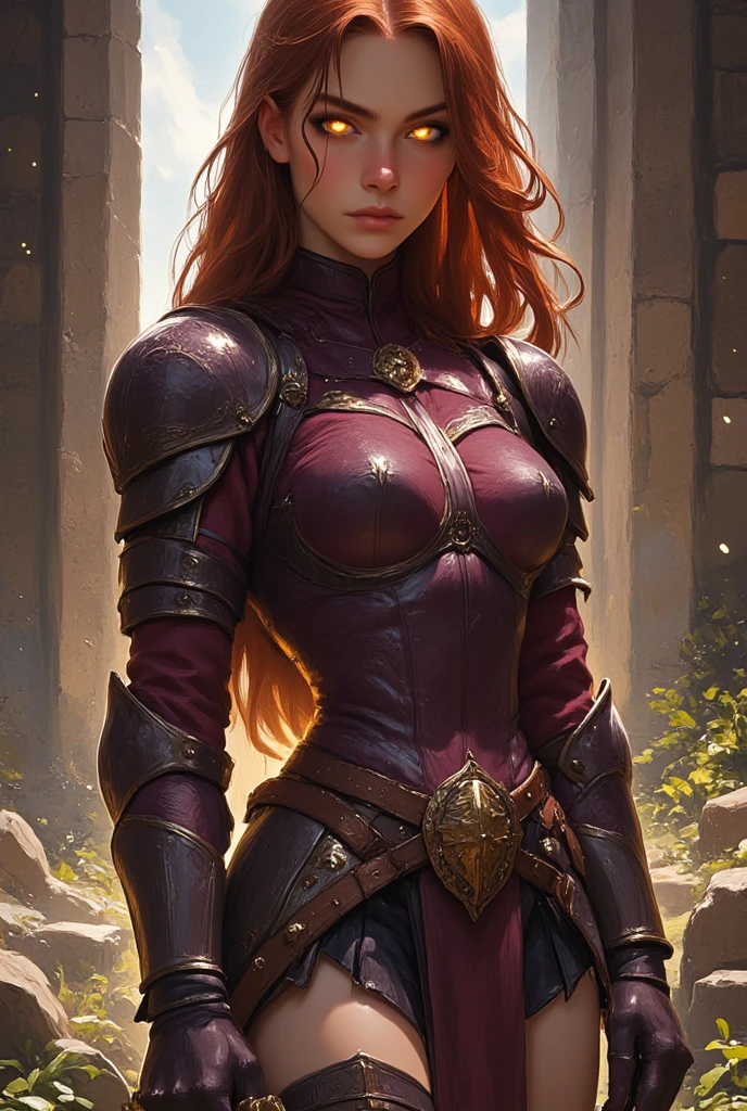 A female warrior of the white race,  Intense Amber Eyes , long hair, wavy and reddish-brown plates, slender body. It wears revealing dark burgundy armor with details Aged golds, molded on the bust deep neckline that enhances the firm and marked chest. The belly is exposed between braided leather straps at the waist, and the short skirt with metal straps reveals part of the turned elbows. Nos ombros, light and sharp. wears thigh-high boots with bronze buckles. In her right hand she is holding her weapon Sangrisca, a double spear with a black rod with scarlet blades. Scenery of an ancient temple in ruins.