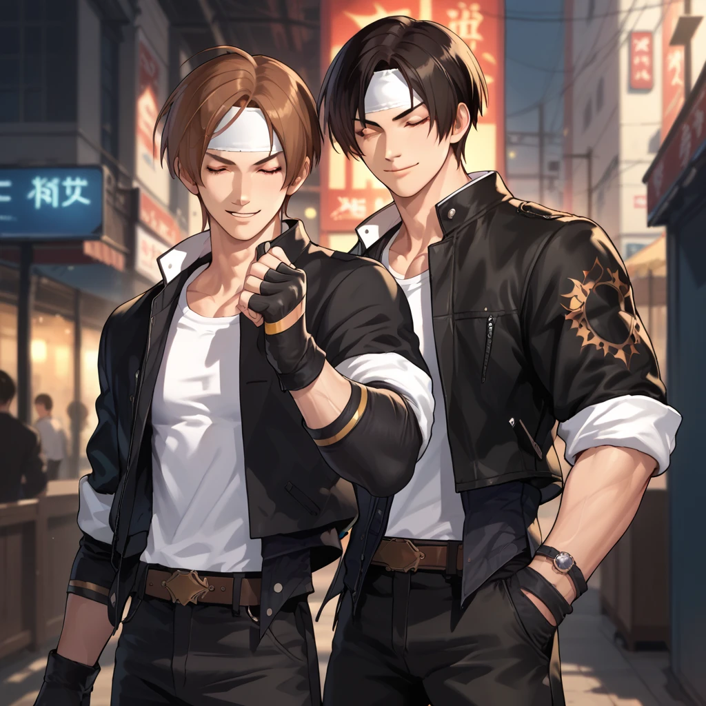 2 people, couple, male and female, short hair, shirt, smiling, black hair, closed eyes, red eyes, ((black jacket with rolled up sleeves)) , open jacket, black fingerless gloves, white t-shirt, ((white headband)), black pants, white shoes, wearing brown belt, (fists up), clenched fists , bend arms , male focus ,  , brown belt , (sallow skin) , grinning , ^ ^ , black pants , bright grain towards the viewer , appearance , very beautiful , best quality.

