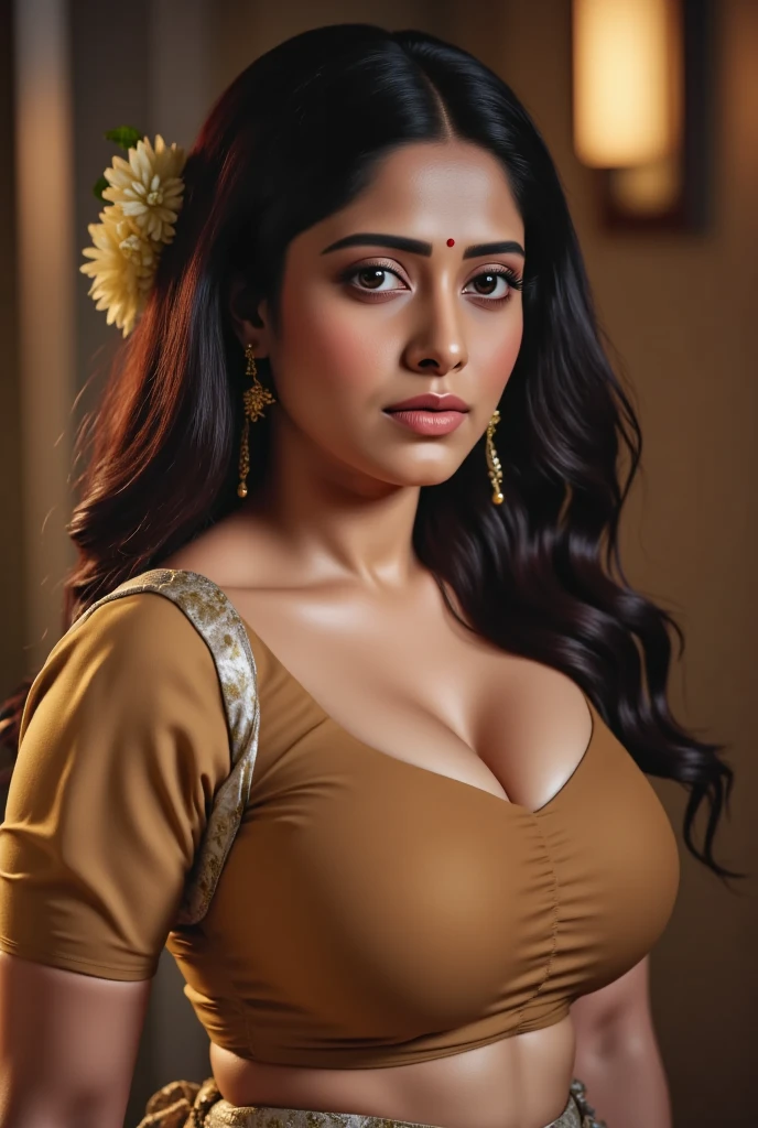 Looks like Anushka Shetty, a photo portrait of a beautiful girl 40 years old, without clothes, styled black hair, (face portrait:1.5), dramatic light, Rembrandt and she had a big boobies and she pressed her boobies without clothes