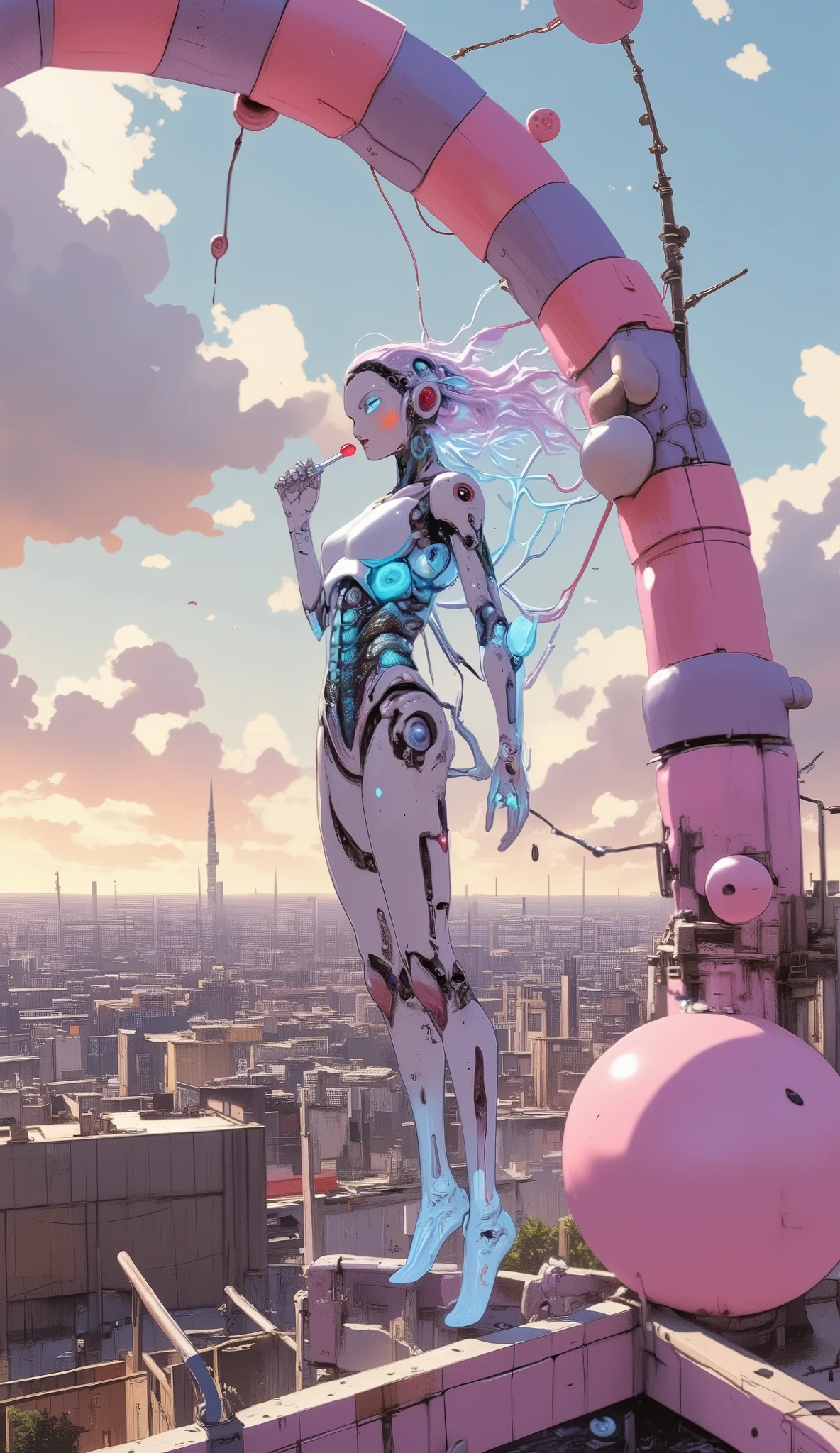 A sweet, weightless young cyborg girl with a translucent polymer body showing glowing biomechanical insides stands arched on the roof of a tall building in a city similar to Tel Aviv, with pink and purple stripes, decorated in soft rounded shapes with large spheres resembling candies or balloons, creating a whimsical atmosphere of ren's games. A cyborg girl holds a lollipop in her mouth. Synthetic muscles pulsate with blue light, and her holographic eyes change colors. Neon hair flows like liquid electricity. A cybernetic spine with visible gears, dressed in minimalistic technical clothes. The sunset sky with white clouds is depicted in the background, giving depth to the composition in the style of an unknown artist. Sci-fi aesthetics, ultra-detailed lighting in the form of steam waves, RGB LAB palette,