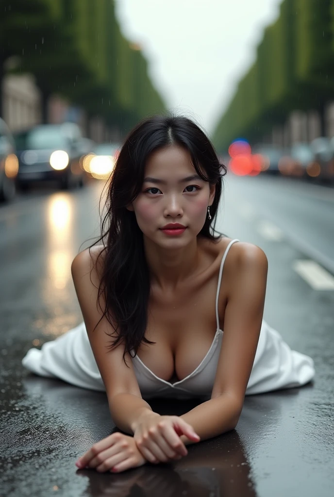 Prompts
Beautiful sexy very white Chinese girl, 22 years old, photo realistic, setting on the Paris road in the evening with light rain, wet, she wear white form fit short dress, no neck strap, she lay down on the middle of the road.
