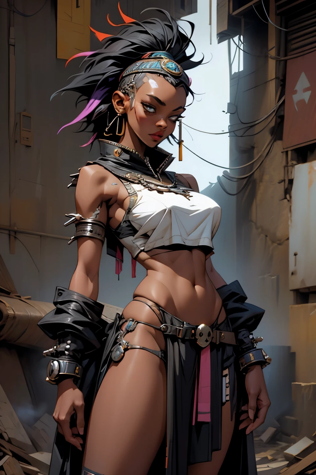 Highly detailed, High Quality, Masterpiece, beautiful, Karlach, demon girl, colored skin, slit pupils, scars, muscular, Red skin, dark skin, crop top, black pants, earrings, piercings <lora:Char_BG3_Karlach:0.9>, <lora:Style_Prettycure:1>, shy, arms behind back, blush,