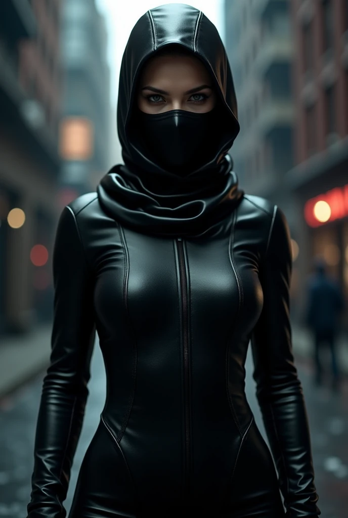 A woman wearing a black high-tech bodysuit, hooded, wearing a mask, black hair, long hair, beautiful woman, great style, night view, realistic, ultra-high resolution, assassin, spy