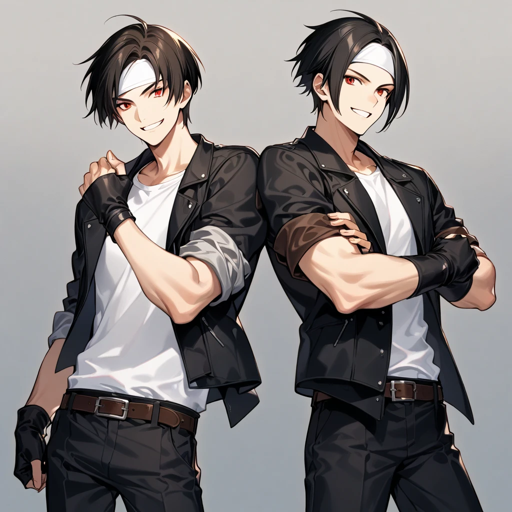 2 people, couple, male and female, short hair, shirt, smiling, black hair, closed eyes, red eyes, ((black jacket with rolled up sleeves)) , open jacket, black fingerless gloves, white t-shirt, ((white headband)), black pants, white shoes, wearing brown belt, (fists up), clenched fists , bend arms , male focus , open clothes , brown belt , (sallow skin) , grinning , ^ ^ , black pants , bright grain towards the viewer , appearance , very beautiful , best quality.
