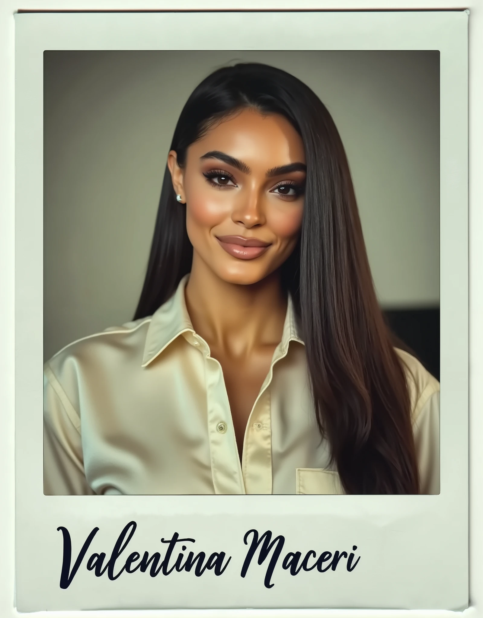 Ultra-realistic analog Polaroid of a young woman wearing a shiny white satin shirt, shot on a vintage 600-series camera. Warm, faded tones, soft grain, and subtle imperfections create an authentic retro aesthetic. The aged Polaroid frame features 'Valentina Maceri' elegantly inscribed in vintage hand-lettered typography.