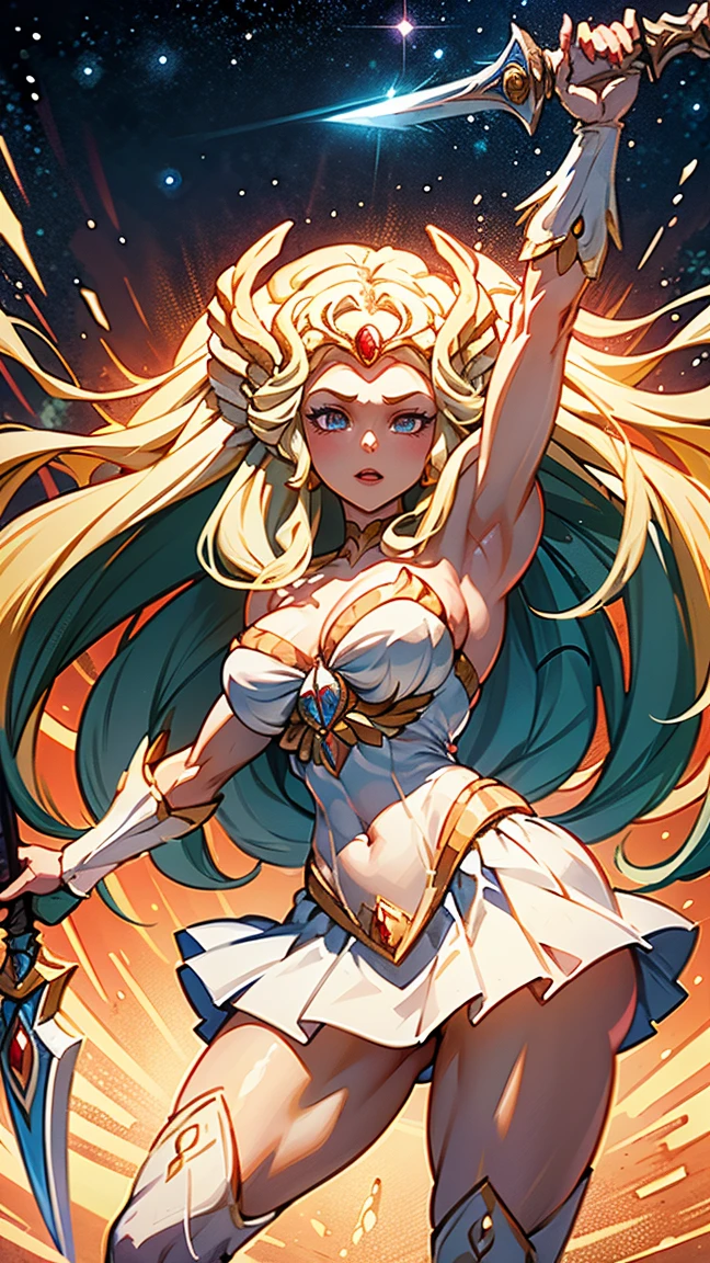 masterpiece, best quality, high quality, SheRaQuiron character, panties, (pink nipples:1.2), white robe, golden armor, looking back, glowing sword