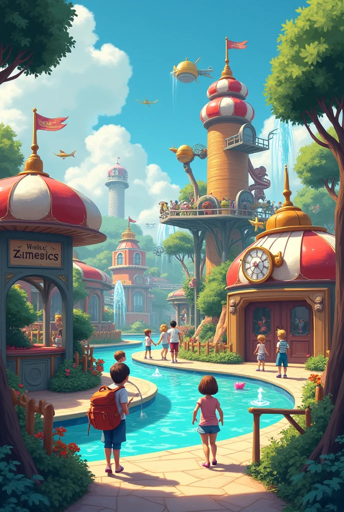 amusement park with mechanical games with water theme