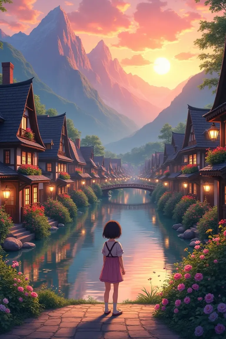 A woman with double D breasts completely naked without underwear with her body facing the camera, Front view masturbating, mountains in the background, colorful flowers, detailed landscape, beautiful natural landscapes, atmospheric lighting,  glowing red sunset, warm colors, praktisch, photorealistic, detailed foliage, complex buildings,  cobblestone street, charming country house, swirling vivid colors, lush vegetation, quiet water reflections, malerisch, idyllisch, a work of art, best quality, 8k, extremely detailed, Realistisch