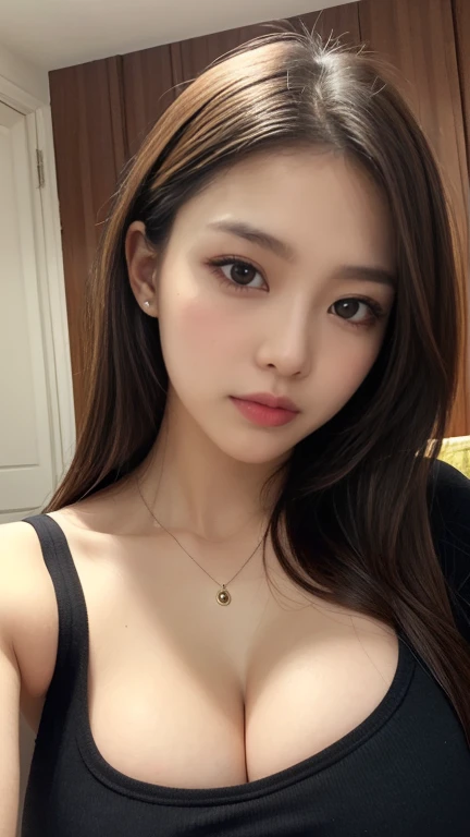 Ulzzang-6500-v1.1, (RAW Photos:1.2), (Realistic:1.4), Beautiful detailed woman, Very detailed eyes and face, Beautiful and fine details, Ridiculous, Incredibly ridiculous, Huge file sizes, Very detailed, High resolution, Very detailed, Highest quality, Tabletop, One girl, , ((Very detailed)), ((Dynamic pose))), (Camel Toe), (Open your mouth)),((Drooping eyes)),((round face)),((curl inside hair)),,Close-up of face、Upper Body、Black Costume、Has bangs、((slender))、Slim body、(((Angle from below))、(D cup milk))、(((stockings)))、((Gorgeous Bra)),((((Surprised)))、(((Close ~ eyes)))、((((Be surprised))))