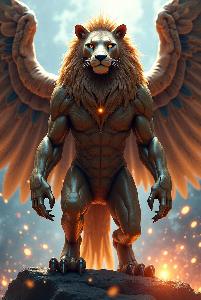 Super realistic, Cinema 4D rendering, 1 furry lion lady in leotard, whole body. She is wearing eagle gloves with talons and eagle wings costume. She is holding a big headgear of an eagle head.