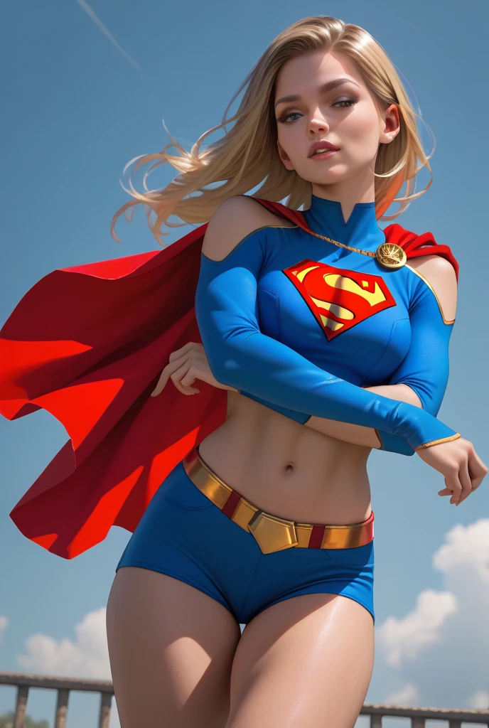 The actress Milly Alcock as the character Supergirl, traditional 'S' in the chest, extremely beautiful blue eyes, beautiful blond hair, incredible beautifulanatomy, smooth curves, perfect anatomy, underneath angle view, perfect smile, red cape, space in the background