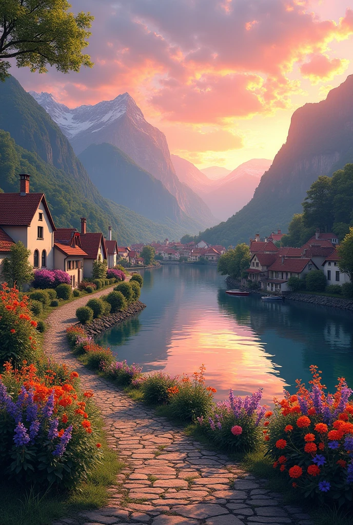 A small town by the river, mountains in the background, colorful floral flowers, detailed landscape, beautiful natural landscapes, atmospheric lighting, scorching sunset, warm colors, practical, photographic, detailed foliage, complex buildings, cobblestone street, charming country house, vibrant colors, lush vegetation, reflections in the water,  picturesque, idyllic, artwork, best quality, 8K, colors, anime style