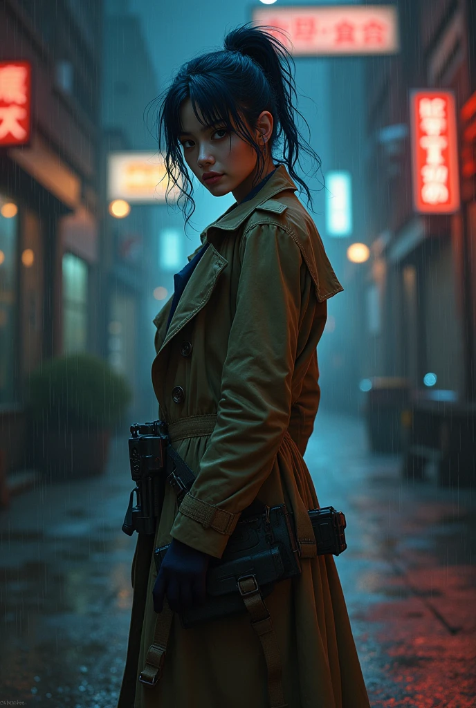 A hyperrealistic digital painting of a confident, street-smart woman standing in an alley at night wearing only a trench coat. Gigi, with her dark blue hair pulled back into a messy ponytail, wears a long, weathered trench coat that flows down to her knees. The coat is slightly open, revealing a glimpse of her tactical attire underneath. At her hip, a Remington Room Sweeper hangs, ready for action. Her stance is relaxed but alert, and her sharp, dark eyes scan the surroundings. The dim light from the street lamps catches the metallic gleam of the gun, and the cool night air causes a faint ripple in her coat. The gritty urban backdrop features flickering neon signs and rain-soaked concrete, creating a cyberpunk atmosphere.