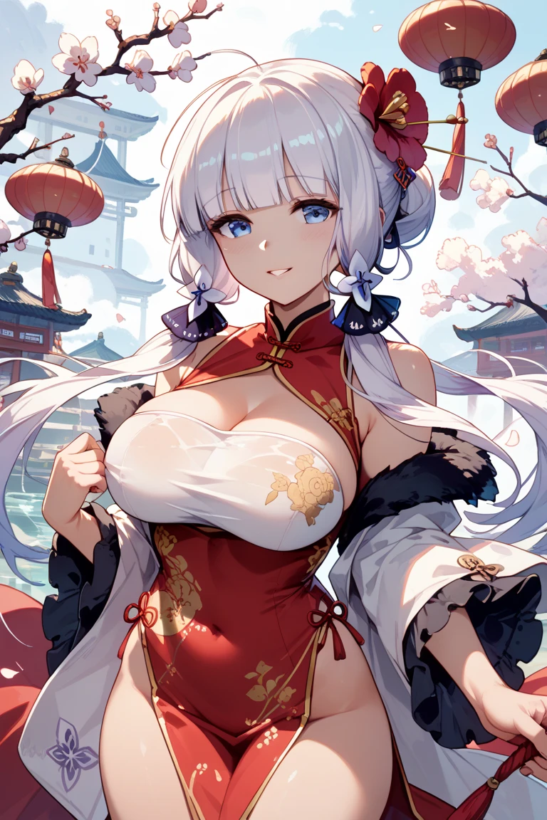 (((Masterpiece))), (((Highest quality))), ((Ultra-detailed)), ((Super fine illustration)), ((Ultra-fine painting)), (16K highest quality wallpaper:1.4), (Chibi:2.0), (Full body:1.6), HDR, (Highly detailed and delicate illustration style:1.8), Detailed skin texture, Detailed cloth texture, Extreme detailed description, (T-masterpiece), (Highly detailed face:1.2), (Highly detailed silver fox ears:1.2), (Highly detailed shiny ponytail:1.2), (Highly detailed beautiful eyes:1.2), (Highly detailed silver nine tails:1.2), Original, RAW photo, Professional, Intricate details, Super details, Direct light:1.6, (Perfect anatomy:1.4), (Highly detailed hands:1.2), (Highly detailed fingers:1.2), (Highly detailed fingertips:1.2), (27-years-old), Real, (Solo:1.6), ((A very beautiful and attractive silver fox fashion model who is a messenger of God and a traditional Japanese sacred shrine maiden:1.4)) BRAKE (Beautiful and adorable silver fox ears:1.6), (Highly detailed and delicate silver fox ears:1.4), (Beautiful and well-shaped big breasts:1.2), (Beautiful and well-shaped buttocks), (Beautiful and shiny silver ponytail:1.6), (Highly detailed and delicate silver ponytail:1.2), (Beautiful clear blue eyes that shine with great detail:1.6), (Highly detailed and delicate blue eyes:1.2), (Highly detailed face:1.4), (Smile:1.3), (Blush:1.2), (Looking at viewer:1.4), (Celebration:1.4), (Standing:1.2) BRAKE ((Brightly white and red colored) and divine traditional shrine maiden costumes at Japanese shrines:1.4), (Japanese divine traditional costume:1.2) BRAKE (Highly detailed and beautiful Ise Grand Shrine in Mie Prefecture just after noon in spring in the background:1.6), (Celebration:1.4), (Cherry blossoms:1.2), Highly beautiful in the sunny sky background just after noon:1.2 BRAKE