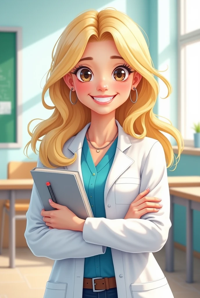 Create a barbie-like cartoon of a woman with shoulder-length white hair and dark brown eyes taking a semiology exam at the university of .medicine