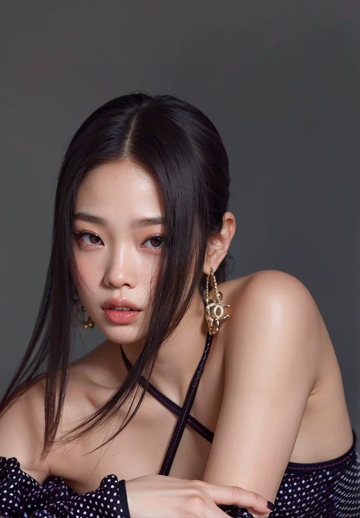 in a 4k、 ​masterpiece, top-quality, 8K, absurderes, beautiful a girl, Clean face, looking at the viewers, A smile,  Ruby Earrings, ruby ​​necklace, Teen, cute little, (Glitter and smoky red eyeshadow and glitter, glazed pinkish red lips:0.8), A hyper-realistic, hight resolution, a picture, film grains, chromatic abberation, sharp focus, nffsw, face lights, Dynamic lighting, light, Professional Shadows, simple background, (Dull blue background:1.3)、highestdetailed、Extreme details、ultra-detailliert、detaile、authentic skin、delicated facial features、detailed faces and eyes、Sharp pupils、Realistic pupils、(Black eye:1.0),full body Esbian、waistline、Slim type、lingerie、
