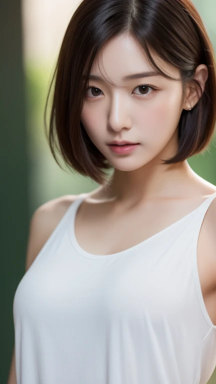 (real, High resolution:1.3), short hair, A cross-dressing man wearing a plain white T-shirt、Dark Room、Collarbone and hands are muscular、the skin is dark、Dark eyebrows、Dim lighting、The shoulders are wide、Don't blur the background