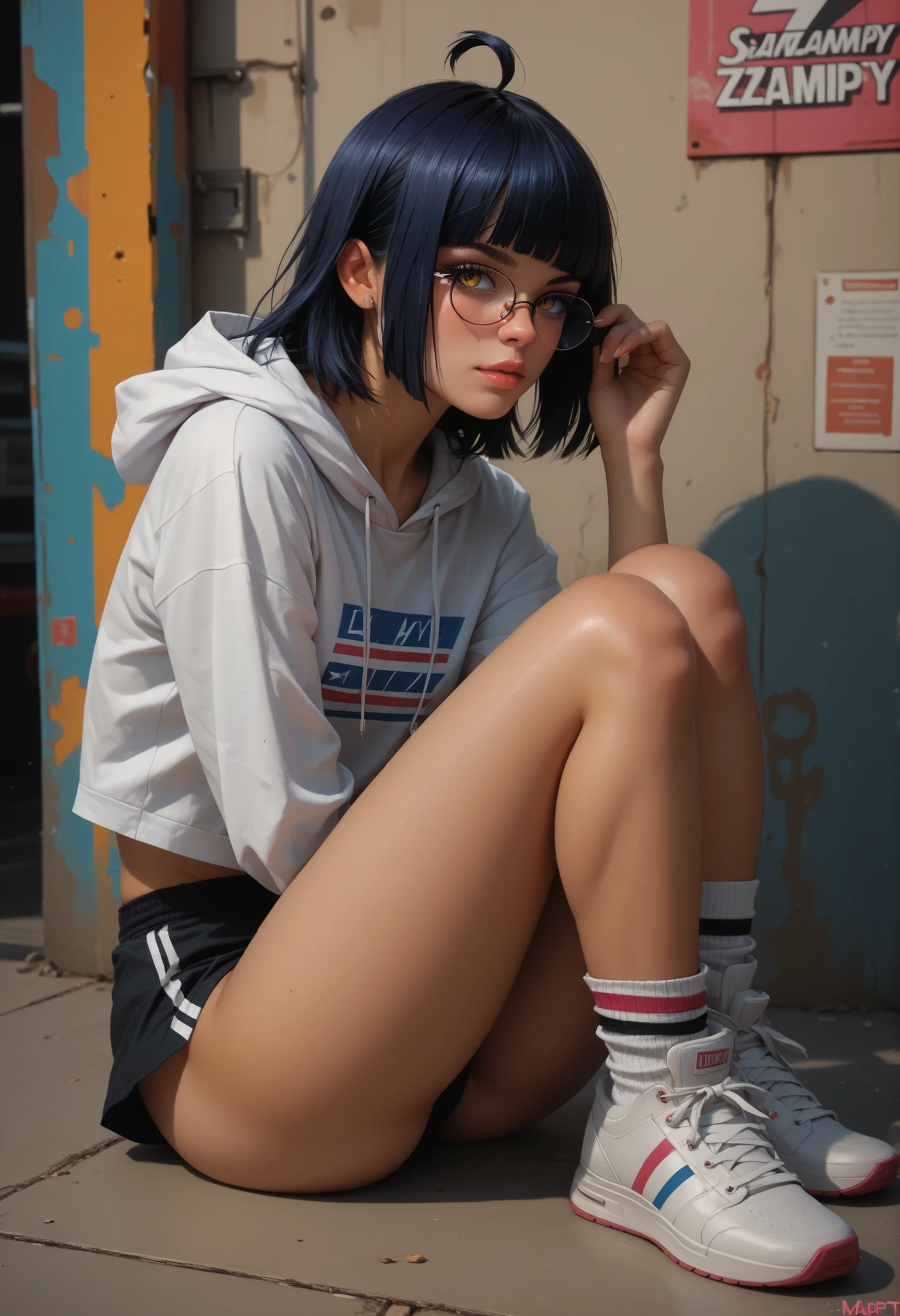 score_9, score_8_up, score_7_up, score_6_up, 8k, high detailed picture, realistic style, masterpiece, very young girl, perfect rounded small breasts, mz, ahoge, Shoulder-length hair, (blunt bangs, hime cut), (straight, smoothly combed hair), straight bangs, blue hair, yellow eyes, glasses, 1girl, solo, big brightness eyes, 16k, perfect fingers, tomboy, circle-glasses, nh, glitch art, white accent, distant view, (a narrow strip of fabric on the hips, a short asymmetrical top with a large neckline, sneakers with massive soles, high knee socks almost to the middle of the thigh)