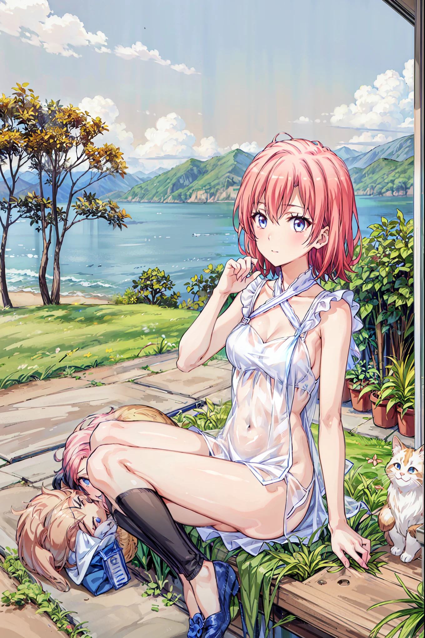On a sunny day、Combi car heading south on an unpaved road, The view on the left is of the vast ocean...、右側には生命が溢れる山There is..々There is . brown hair， shortcuts ， messy hair，  short braided hair， Neat ，  slender beauty  ，Dignity， small breasts， beautiful legs with tails， Her charming gray-blue eyes shine like stars， bright color, Beautiful Eyes,A delicate smile, textured skin,  Top Quality ,   parody of a gentle and beautiful woman  , anime style､