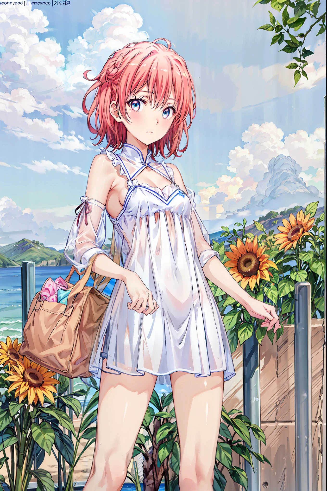 On a sunny day、Combi car heading south on an unpaved road, The view on the left is of the vast ocean...、右側には生命が溢れる山There is..々There is . brown hair, shortcuts , messy hair, short braided hair, Neat , slender beauty ,Dignity, small breasts, beautiful legs with tails, Her charming gray-blue eyes shine like stars, bright color, Beautiful Eyes,A delicate smile, textured skin, Top Quality , parody of a gentle and beautiful woman , anime style、