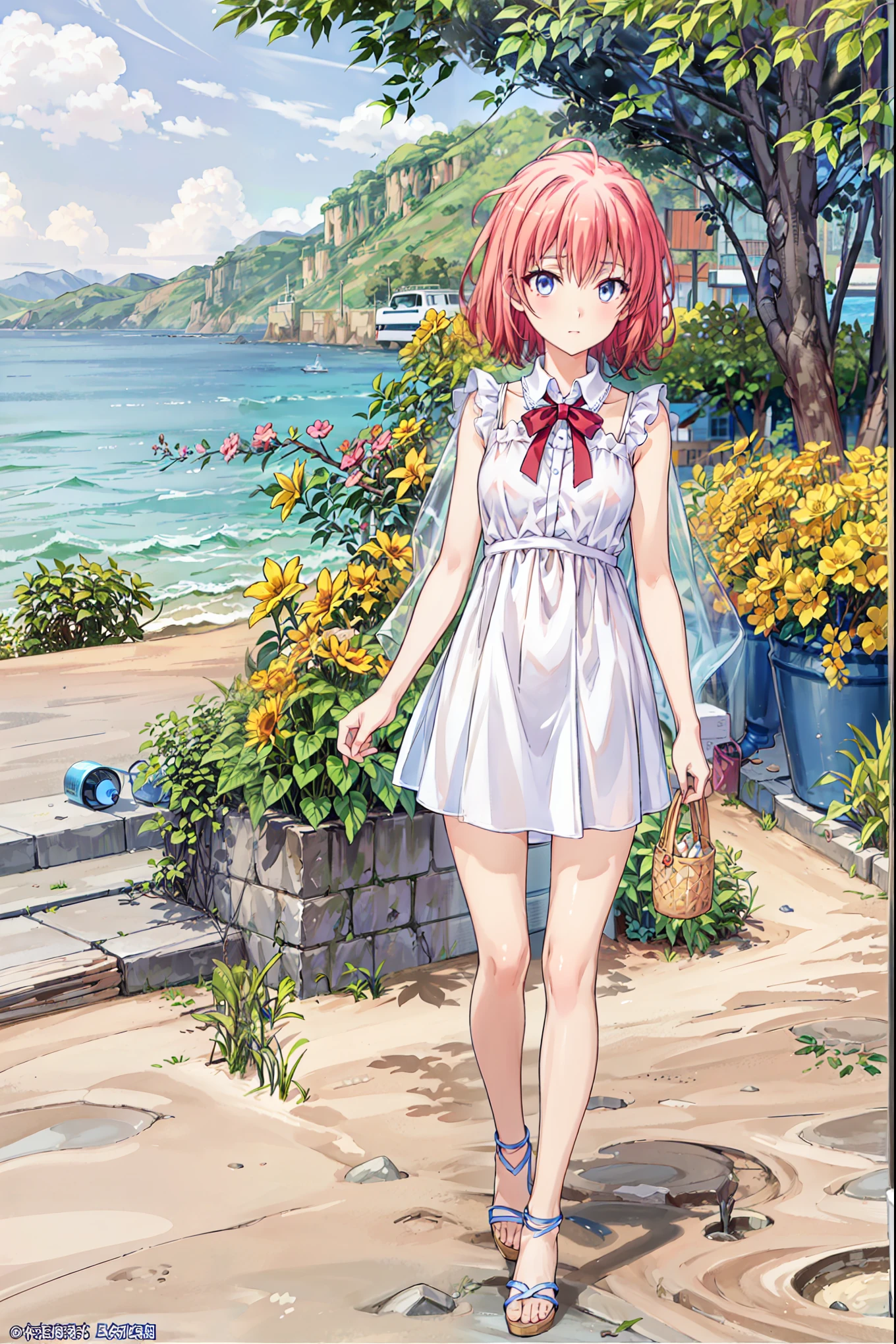 On a sunny day、Combi car heading south on an unpaved road, The view on the left is of the vast ocean...、右側には生命が溢れる山There is..々There is . brown hair, shortcuts , messy hair, short braided hair, Neat , slender beauty ,Dignity, small breasts, beautiful legs with tails, Her charming gray-blue eyes shine like stars, bright color, Beautiful Eyes,A delicate smile, textured skin, Top Quality , parody of a gentle and beautiful woman , anime style、